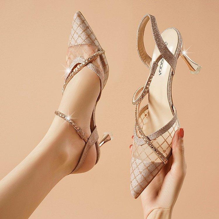 

Женские босоножки на высоком каблуке Новые летние модные женские сетчатые босоножки с острым носком на высоком каблуке и полупальцами 36 золотой