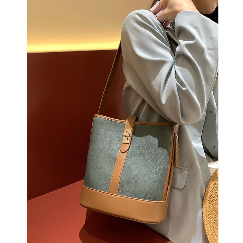 Cowhide Handbag Leather Bag Generation Contrasting Color Splicing Shoulder Bag Large-capacity Commuter Bucket Bag OEM