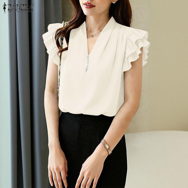 ZANZEA Women Casual V-Neck Ruffles Short Sleeve Elegant Blouse