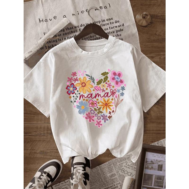 European Size Fashion Women T-Shirt | White Front Print Floral Heart Mama Design