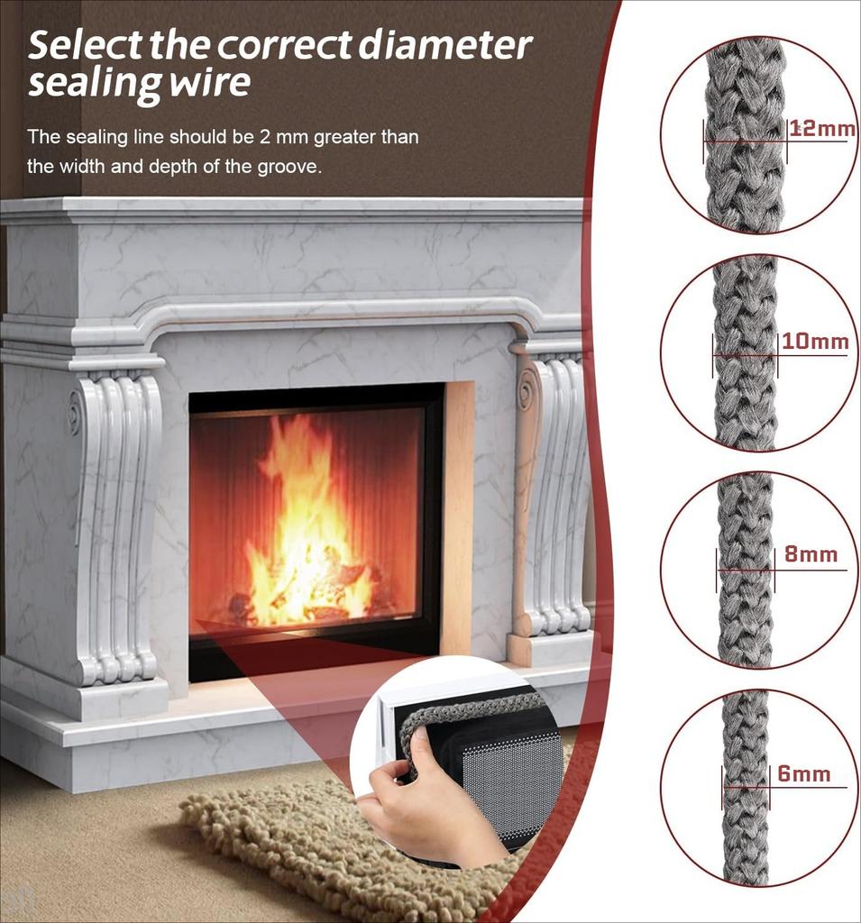 Fireplace Seal Cord Fireplace Refractory Gasket Stove Firewood Cord 6/8/10/12mm Fiberglass Rope Gasket for Fireplace and Stove