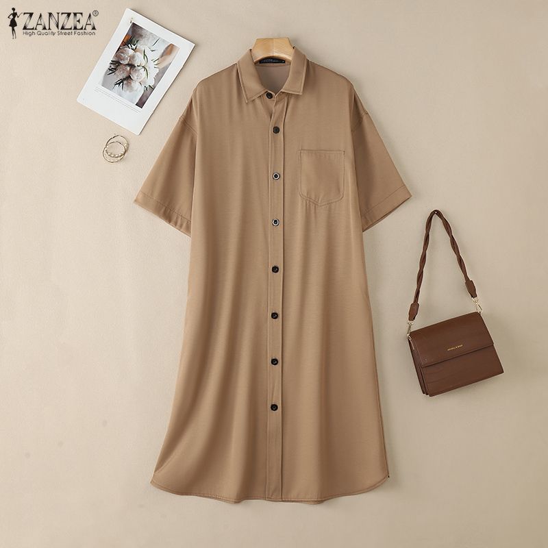 ZANZEA Damen Freizeit Hemdkleid mit Umlegekragen, locker, Sommer, Halbarm
