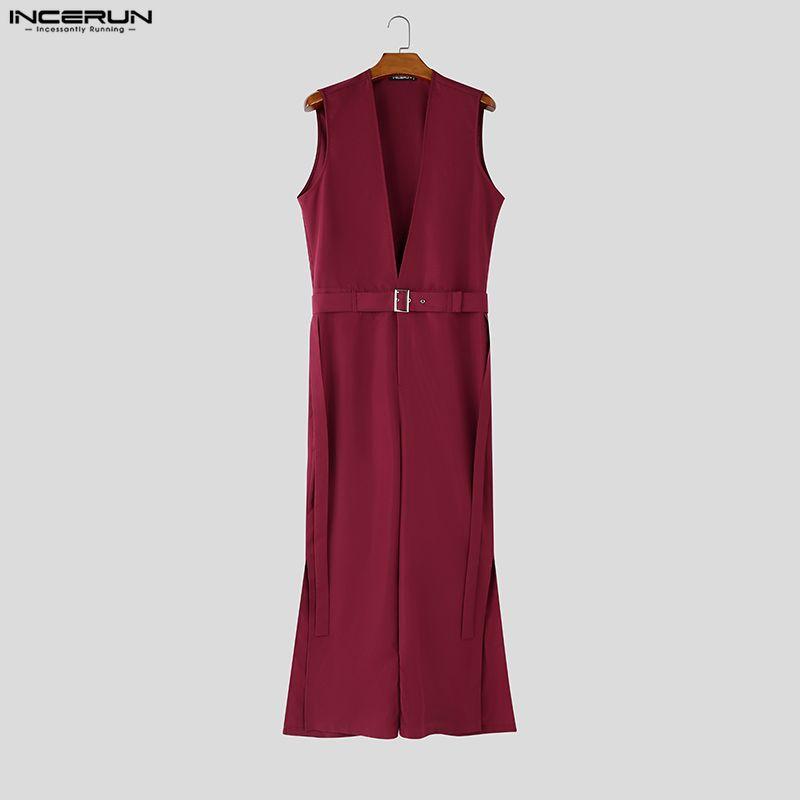 INCERUN Men Summer Deep V Neck Belt Waist Long Wide Legs Jumpsuits Overalls