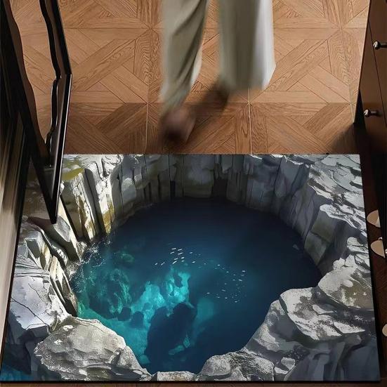 Optical Illusion Floor Mat 3D Bottomless Pit Entrance Hole Area Rug Realistic Rug Non-Slip Doormat