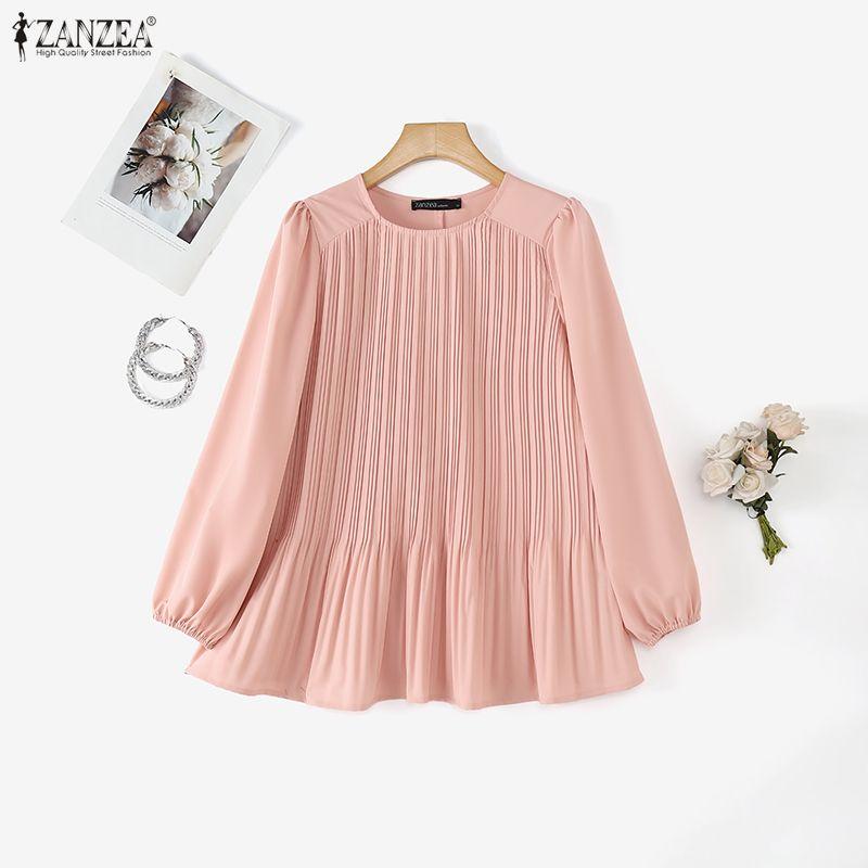 ZANZEA Women Casual Round Neck Solid Color Loose Long Sleeve Blouse