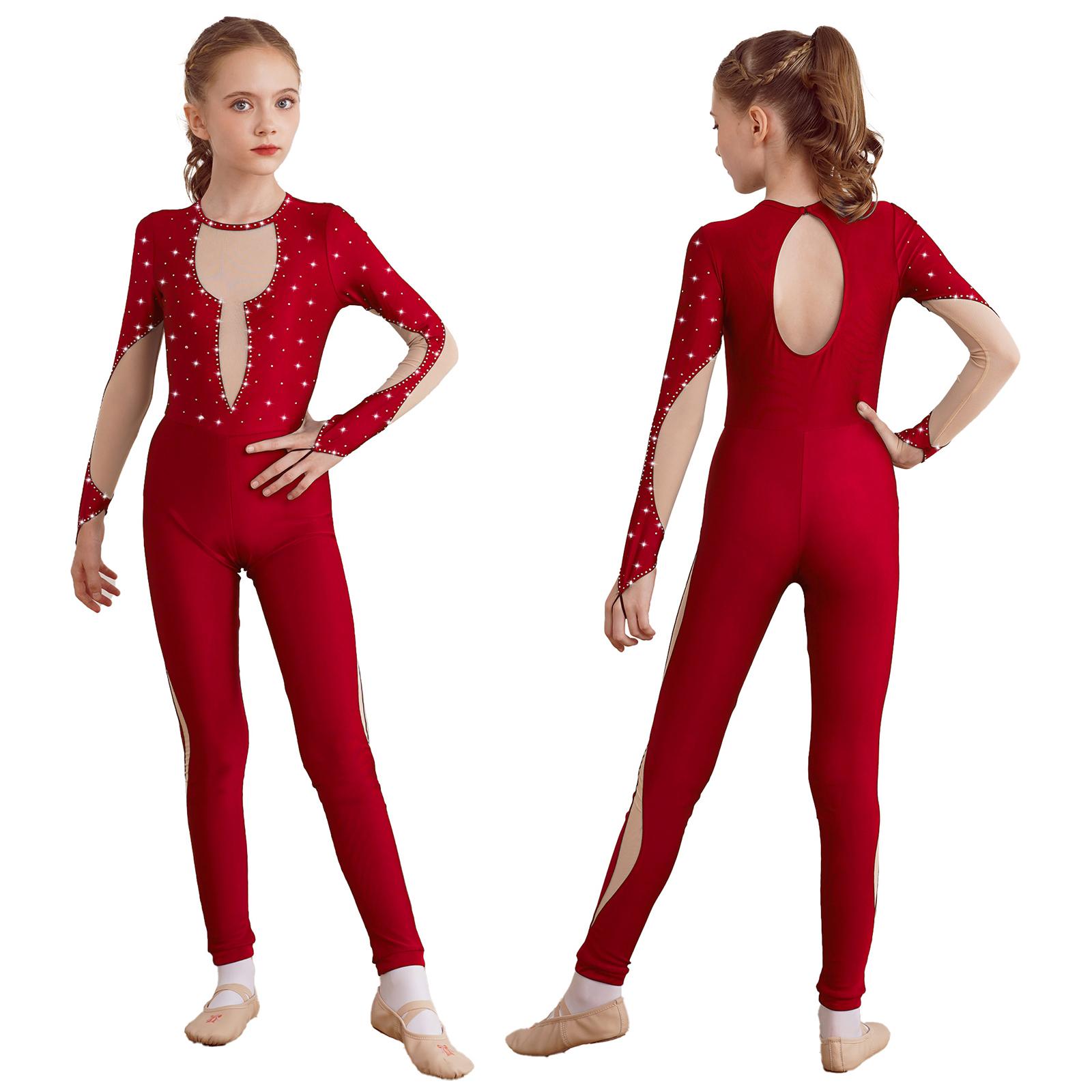 RUNQHUI Kinderen meisjes glanzende gymnastiek unitard bodysuit lange mouw terug sleutelgat mesh patchwork schaatsen jumpsuit 7-8 Years rood