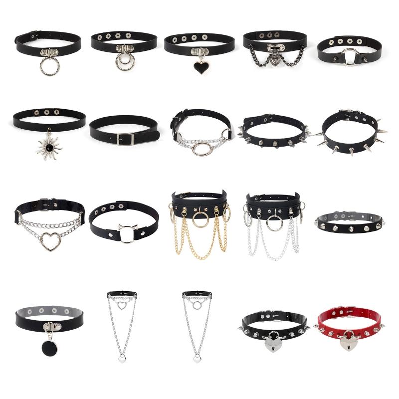 Punk Choker Collar Necklace Pu Leather Goth Rivets Choker Necklace Pendientes Party Club Sexy Gothic Femme Jewelry