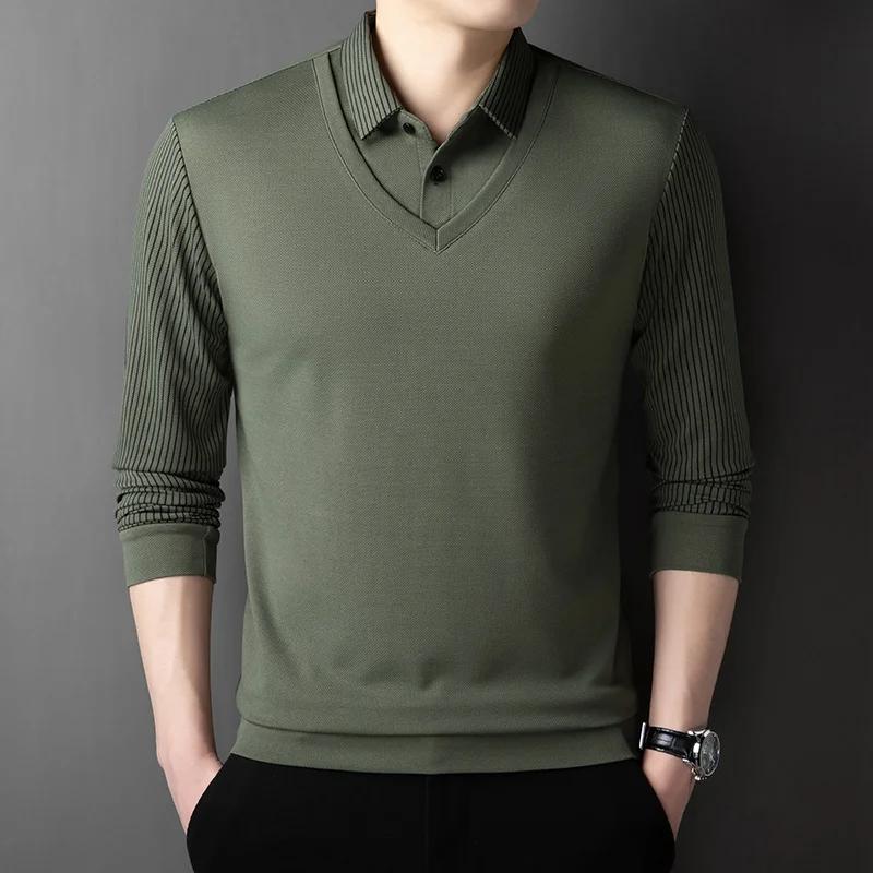2025 New Men'S Casual And Fashionable Long Sleeved Solid Color Fake Two-Piece Polo Shirt Business All Season Versatile Top
