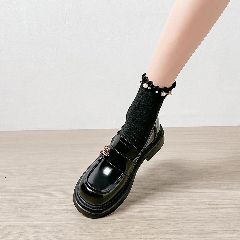 Platform Women's Retro One-pedal Small Leather Shoes Thick Heel Black Single Shoes