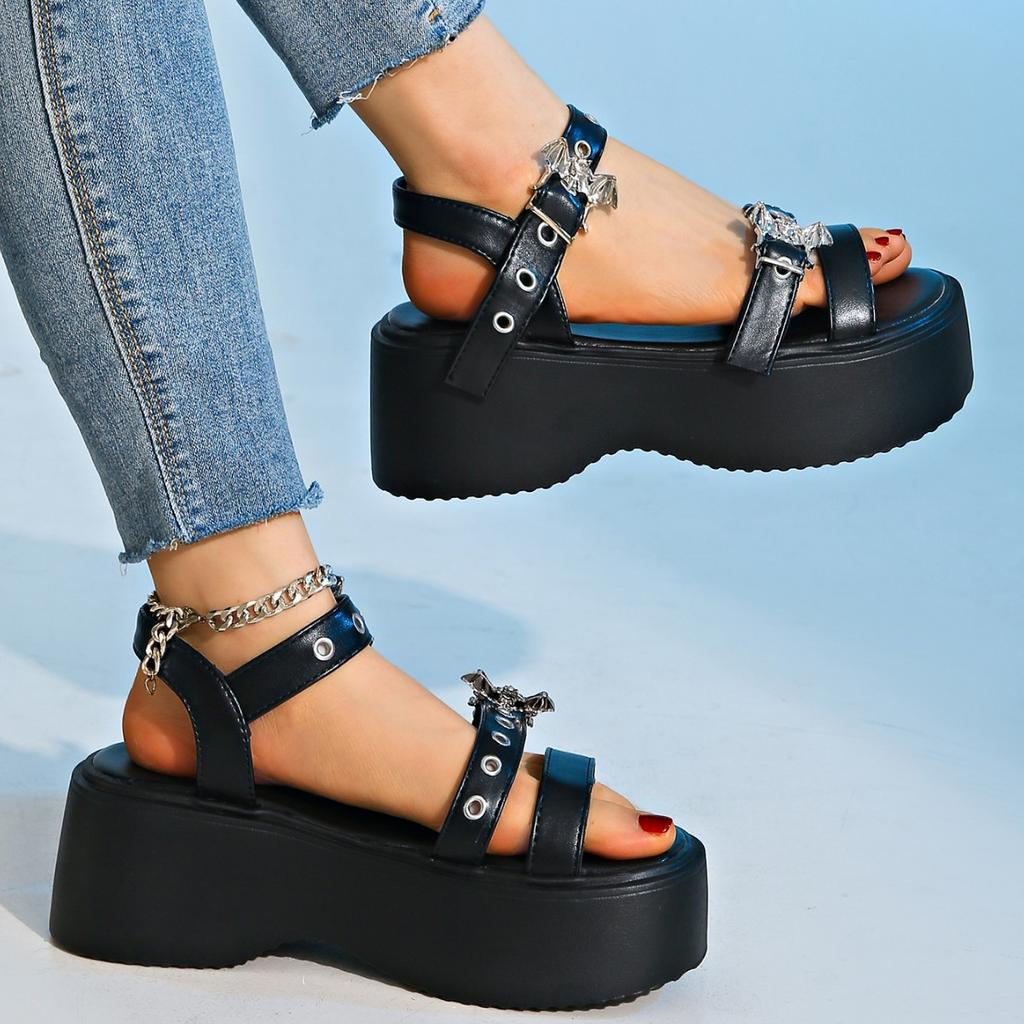 New Summer Women's Stunning Beauty Niche Open-toed Rivets Heightening Muffin Platform Sandals Women's Slope Heel Mary Jane Super