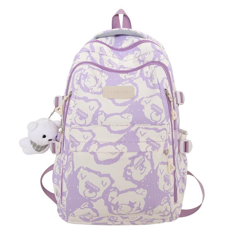 2024 New Backpack Bear Printed Schoolbag Female Junior High School Students Niche All-matching Computer Bag