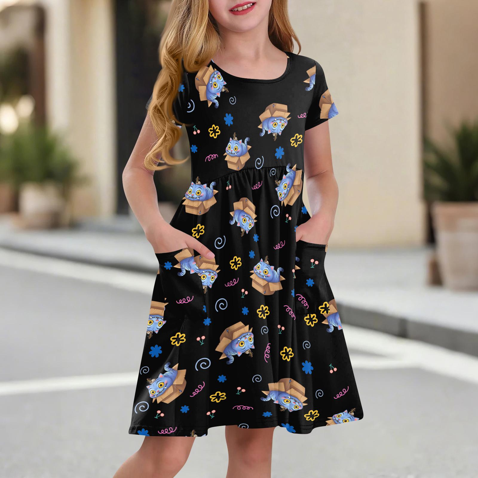 

Children s Skirt Round Neck Short Sleeve Princess Dress Fashion Casual Pocket Dress For Girls 100 чёрный