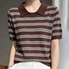 Navava Women Thin Cool Striped Collar Short Sleeve Knit Top Nk3726