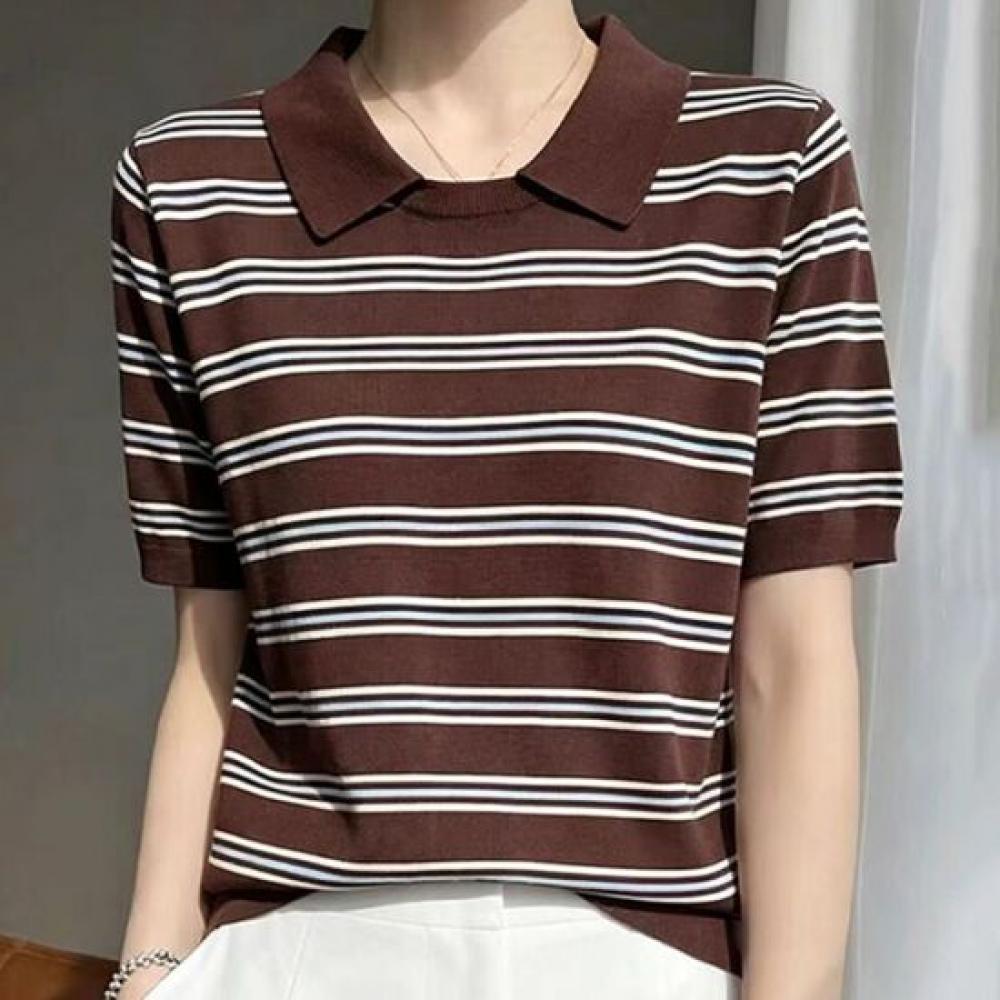 Navava Women Thin Cool Striped Collar Short Sleeve Knit Top Nk3726