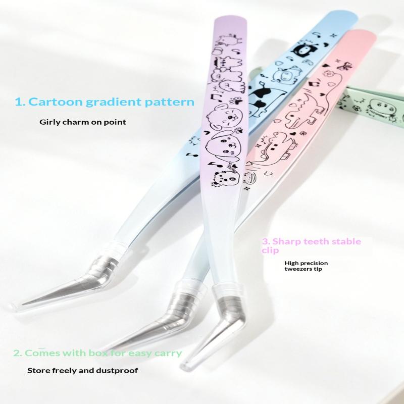 Cartoon Print False Eyelash Tweezers Stainless Steel Curved Professional 3D Lashes Extension Tweezer Makeup Tools
