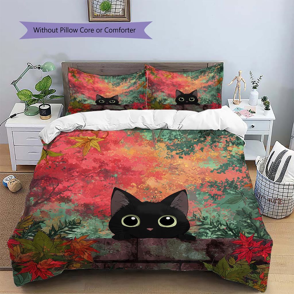 Cute Cat Pattern Bedding Quilt Set Home Decoration Gift (1 * duvet cover + 2 * pillowcase without core)