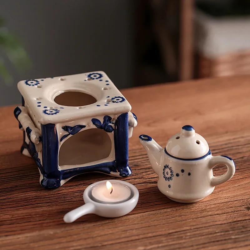 3 in 1 Vintage Reed Diffuser Essential Oil Incense Burner Ceramics Tea Warmer Set with Candle Holder Tray Home Decor Ornaments