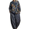 1116 New European and American Chinese Stand-up Collar Geometric Printing Linen Retro Loose Cotton and Linen Suit Women