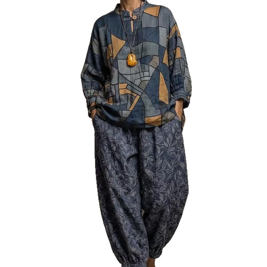 1116 New European and American Chinese Stand-up Collar Geometric Printing Linen Retro Loose Cotton and Linen Suit Women