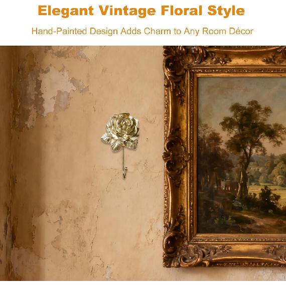 Gold Decorative Wall Hook Set Rose Flora Cute Hooks Vintage Brass Whimsical Flower Hooks for Towel Coat Hat Key Bag Scarf Robe Bathroom and Room
