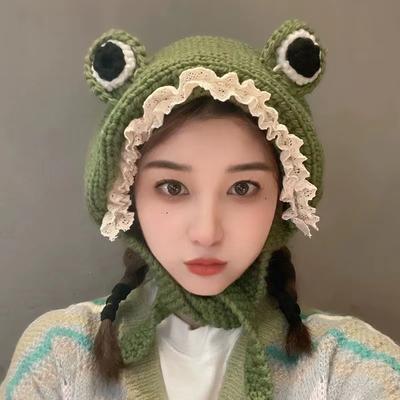 Autumn And Winter Big Eyed Frog Hat Head Cover Handmade Ear Protection Hair With Hat Korean Version Green Cute Knitted Yarn