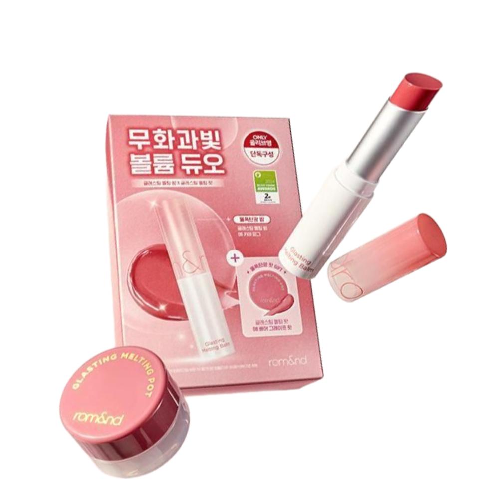 Rom&nd Glasting Melting Balm + Glasting Melting Pot – Volume Duo Limited Edition Set, Koreanischer feuchtigkeitsspendender Lippenbalsam mit glänzendem Finish