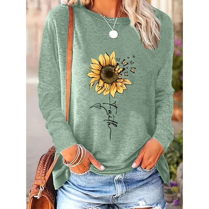Women's Spring and Autumn Flower Print Round Neck Long Sleeves