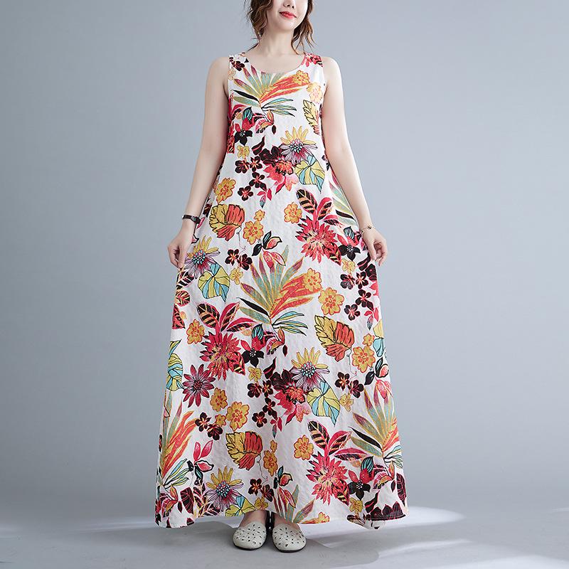2026 Retro Plus Size Women s Sleeveless Cotton Linen Dress L цветочный/красный