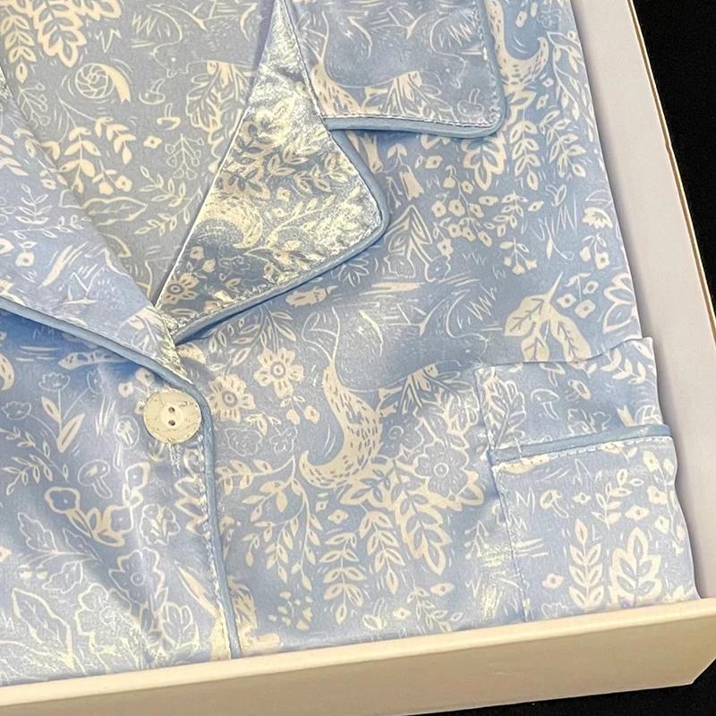 Blaue Pflanzen Blumen Batik Damen Edler Pyjama Sommer Kühl Kurz Weiblich Hauskleidung Mode Lässig Nachtwäsche