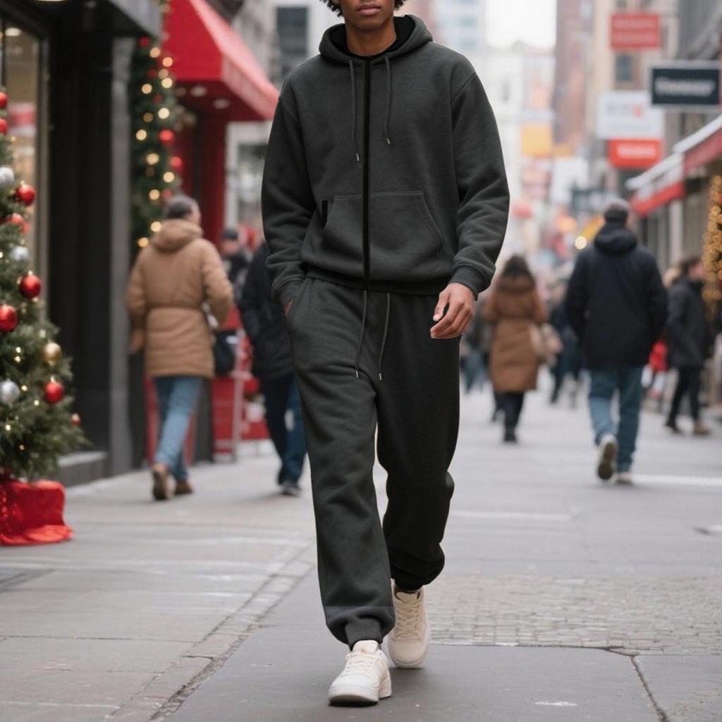 Fleece-lined Hooded Men's Tracksuits, Zipper Drawstring Women's Sports Suit, Solid Color Sporty Two-piece Set