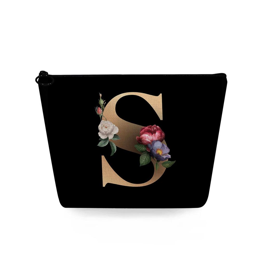 Women Black background letters Print Cosmetic Bag Toiletries Organize Travel Storage Case 6729 KTB