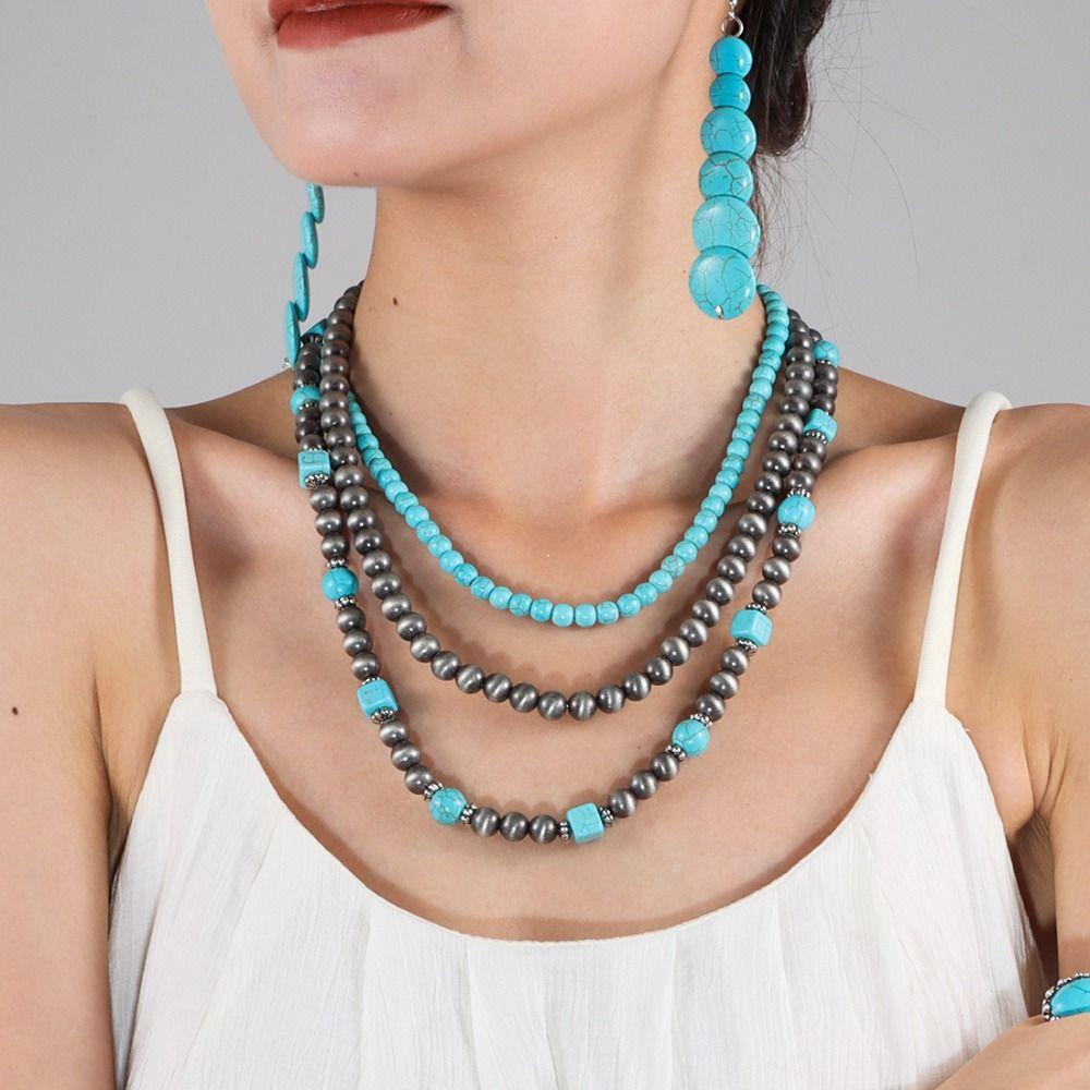 Cactus Multilayer Turquoise Necklace Bead Bohemian Style Clavicle Chain Vacation Beach Choker  Gift