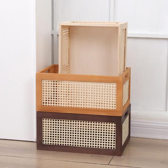 Scatola porta dischi in vinile Durevole MDF Rattan Porta dischi in vinile con manico Cubico Organizzatore da scrivania per album per dischi in vinile Contenitore multiuso