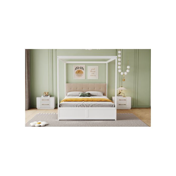Letto a baldacchino - MUVOE - 140x200 cm - Legno bianco - Testiera imbottita - Cassetti grandi