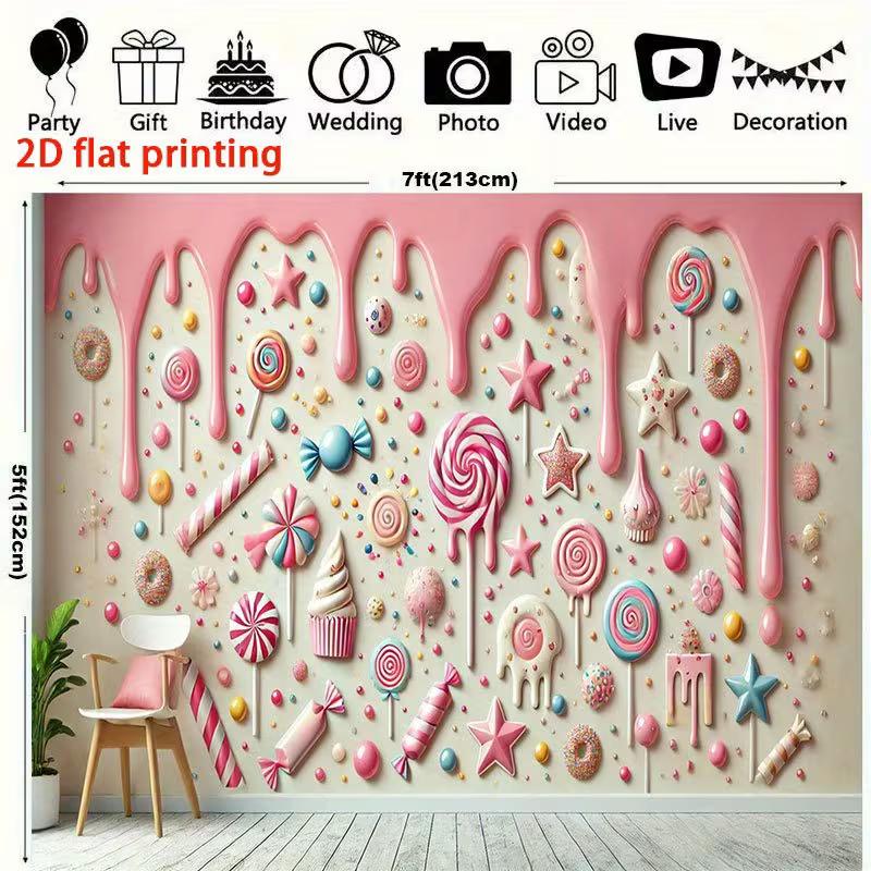 2D Whimsical Candy Backdrop Pink Cream Drip with Colorful Candies Themed Party Background
