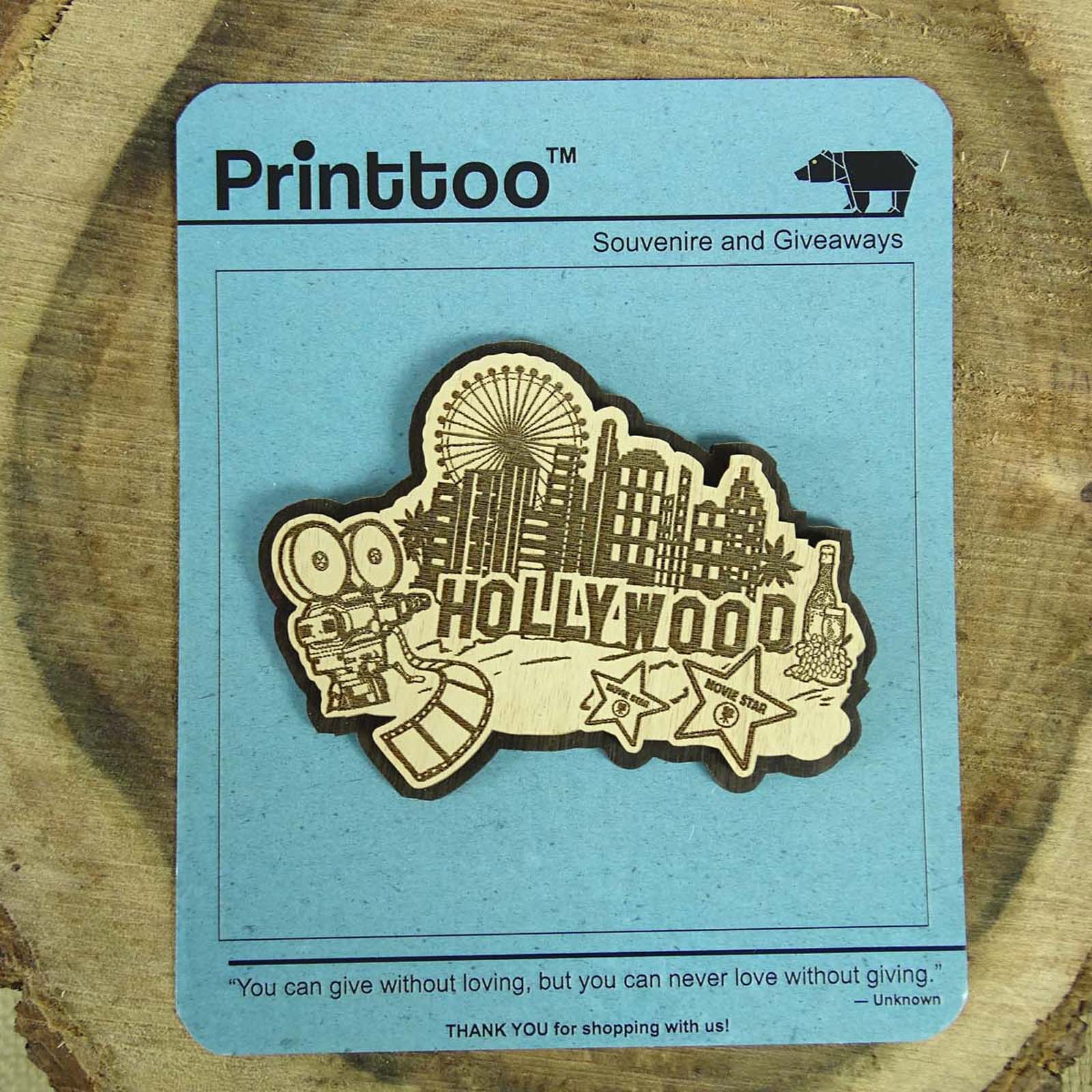 

Hollywood Wood Engraved Fridge Magnet Souvenir Gift 4 x 3 коричневий