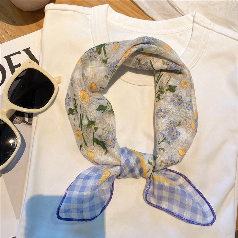 Literary Small Square Scarf Spring And Summer Silk Scarf Women'S Versatile Korean Foreign Style Headscarf Fashion Decorative Headband Flower Scarf