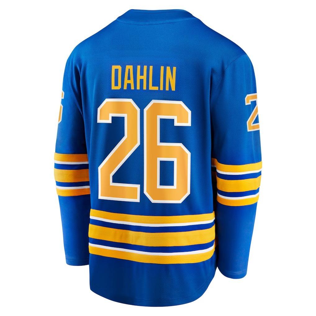 Maglia Hockey Buffalo Sabres - Blu con Accenti Gialli/Bianchi "Dahlin 26" Maglia Capitano "C" T-shirt a Maniche Lunghe con Scollo a V Buffalo Bison 3D Prints