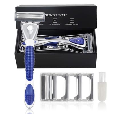 Close Includes 2 Replacement Blades Men's T-Shaped Razor, German-Made 6-Blade Shave, Washable/Shower-Safe, (Blue)