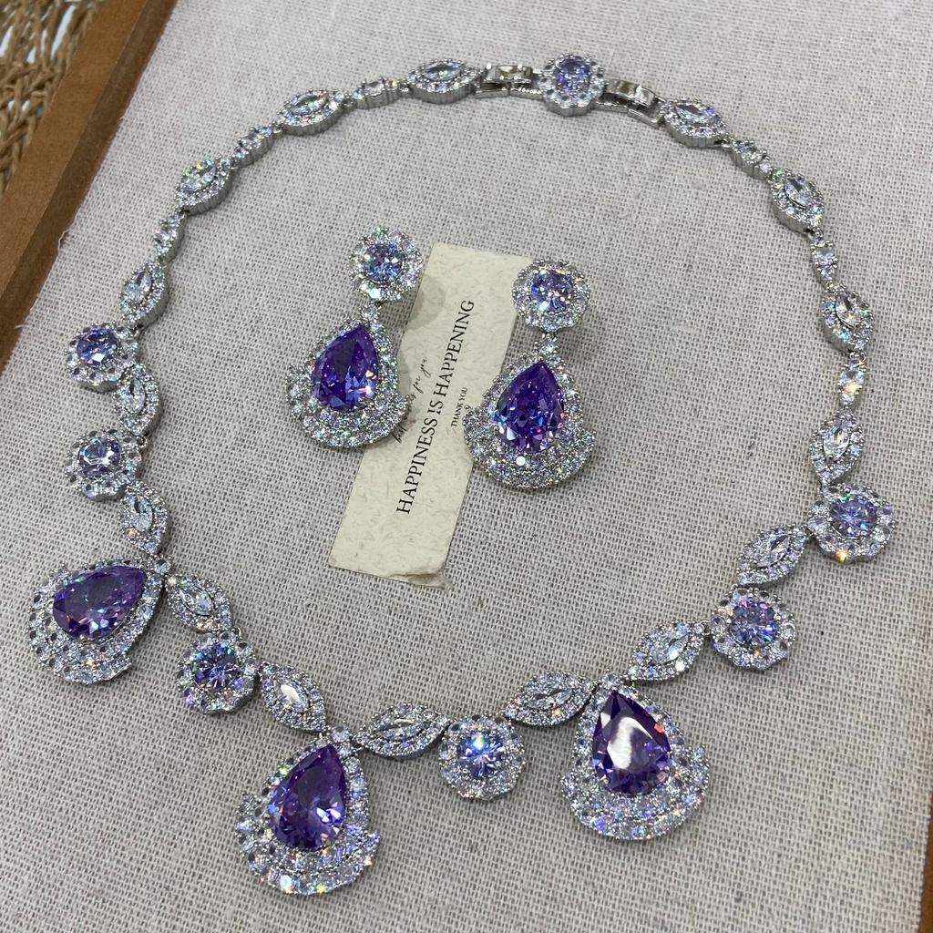 Luxury Purple Crystal Necklace Earrings Set Women'S Zircon Premium Evening Dress Banquet Accessories