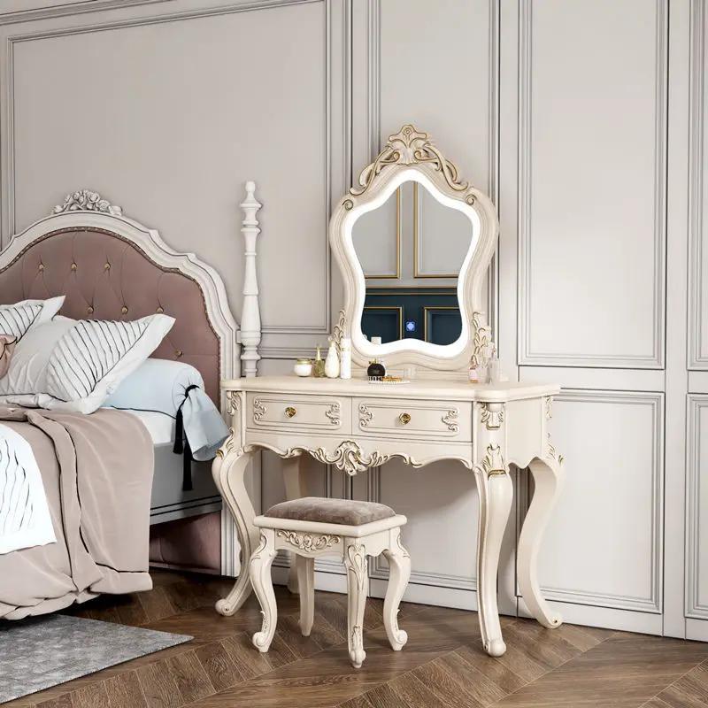 European Dressers Vanity Table Set with Mirror White Makeup Desk with Drawers & Stool - Small Wood Dressing Table for Bedroom