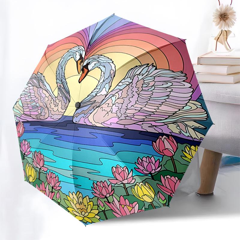 Romantic Swan Sunset Heart Shaped Automatic Opening/Closing Umbrella with Lotus Flowers Portable Folding Design,8 Bone Iron Frame Outdoor