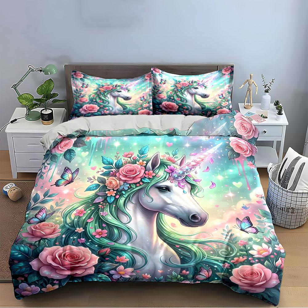 Unicorn with Flowers and Butterflies Bedding Duvet Cover Set (1*Duvet Cover 2*Pillowcases, without duvet insert)