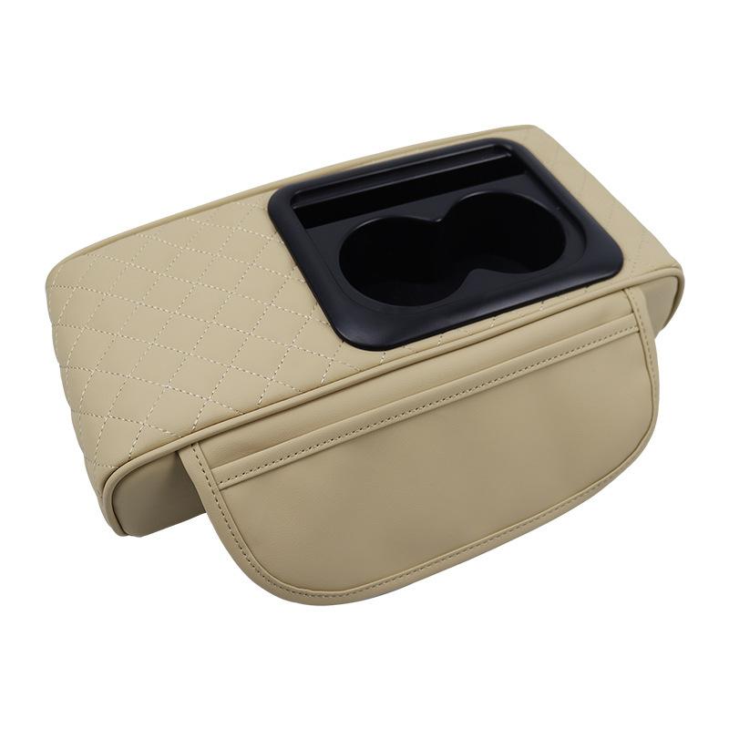 Auto PU Leder Universal Armlehnenkonsolenverlängerung mit 2 Getränkehaltern Auto Innenraum Aufbewahrungsbox Erhöhungskissen Taschentuch Organizer