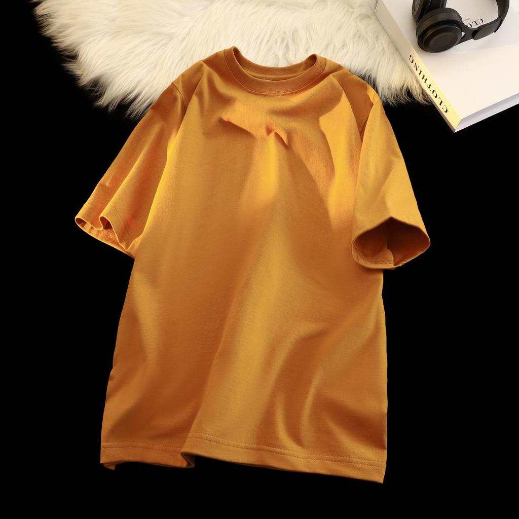 Unisex Japanese Retro Solid Color Round Neck T-Shirt, 300g Heavy Pure Cotton, Casual Short-Sleeve Design.