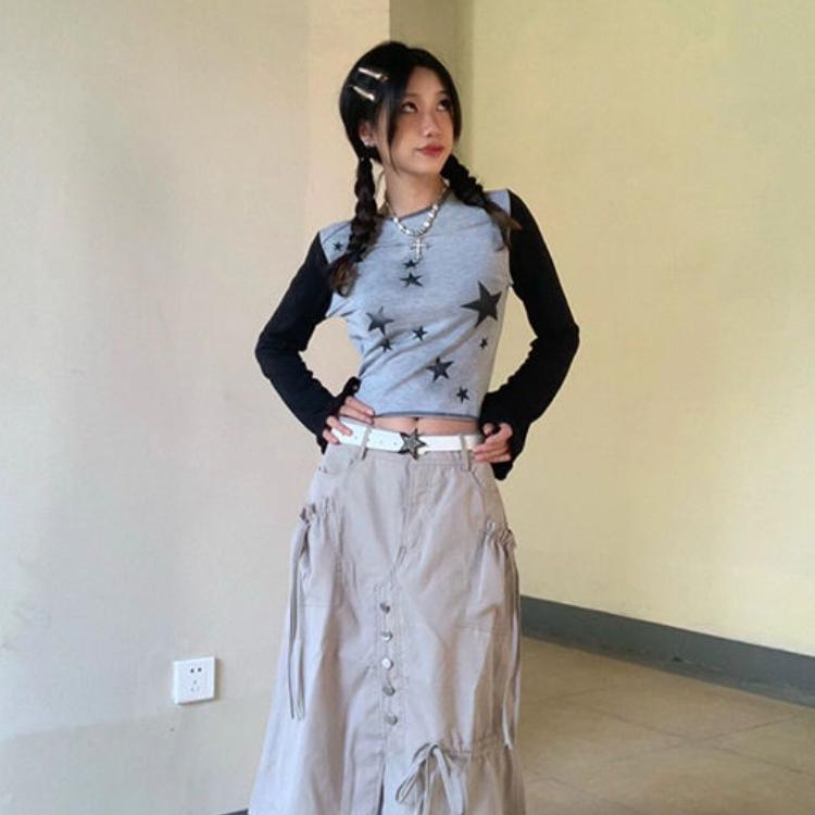 VAYLA Y2k Ästhetisches T-Shirt mit Sternenprint Langarm Frühling Basic Streetwear Cropped Top Slim Harajuku Kontrastfarbe Lässiges T-Shirt