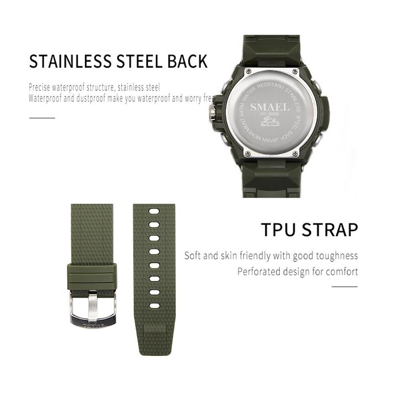 SMAEL Sportovní hodinky pro muže Dual Time Watch pro muže Led Light Watch Alarm 8066 Módní Sportovní hodinky Military S Shiock Náramkové hodinky