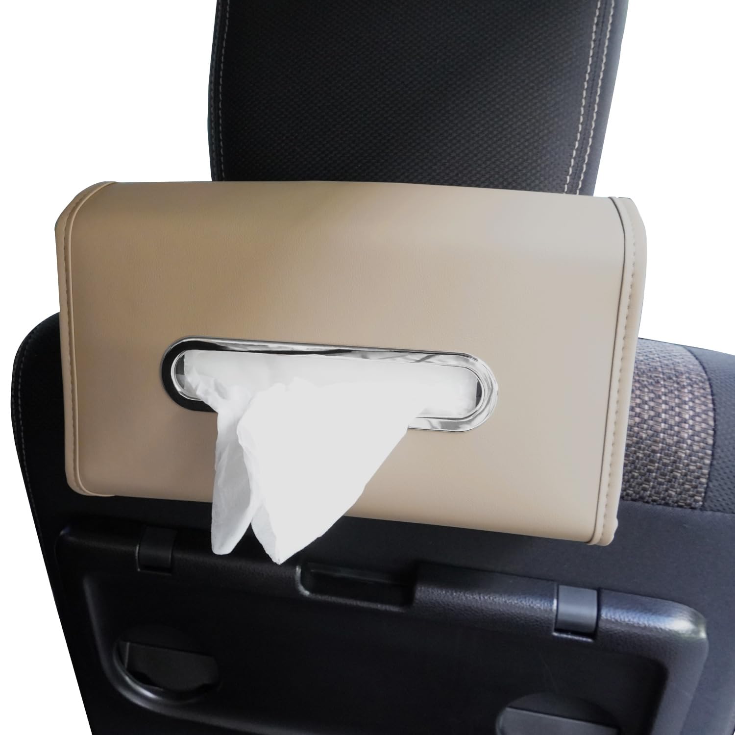 

BOOMIE Автомобильный держатель для салфеток из ПУ кожи с креплением на подголовник или солнцезащитный козырек, 2 размера, для салона, подарок [Премиальное многофункциональное крепление] - Чехол, Держатель, Козырек, бежевый