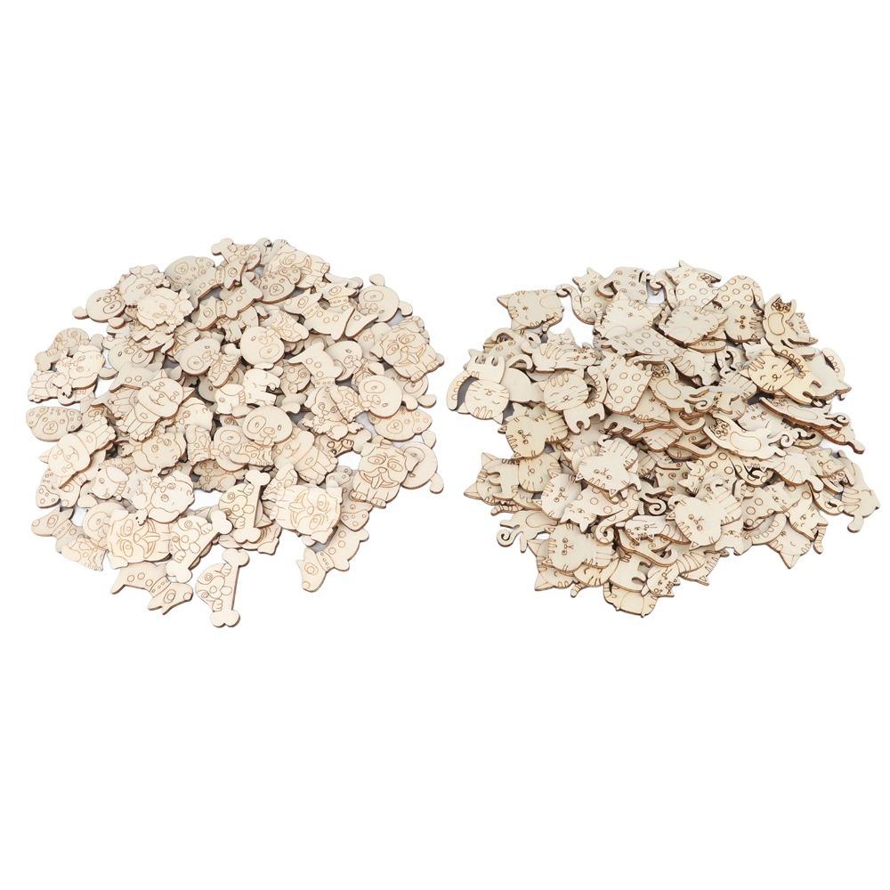 200 шт. Поделки своими руками Необработанные деревянные фигурки животных Смешанные тематика домашних животных Кошка Собака Пустые деревянные украшения Гладкие края