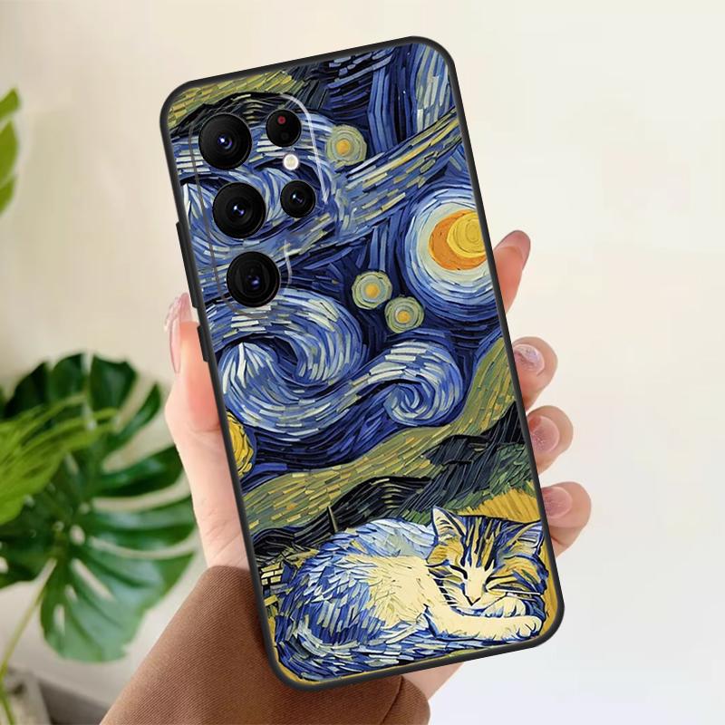 Cat Van Gogh's The Starry Night Soft Case For Samsung Galaxy S25 S21 S22 S23 S24 Ultra S9 S10 Plus S20 FE S24 FE Phone Cover